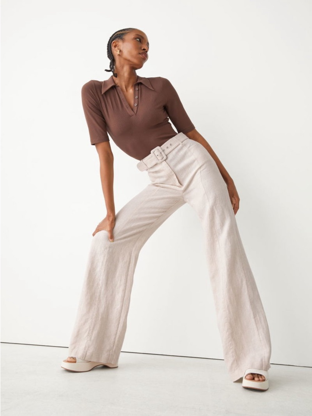 & Other Stories Belted 100% Linen Trousers in Oatmeal